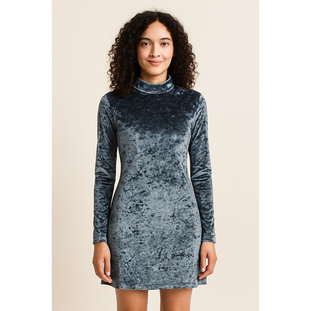 Kinchi Blue 90s Velvet Dress Women Medium Blue Crushed Long Sleeve Mock Neck